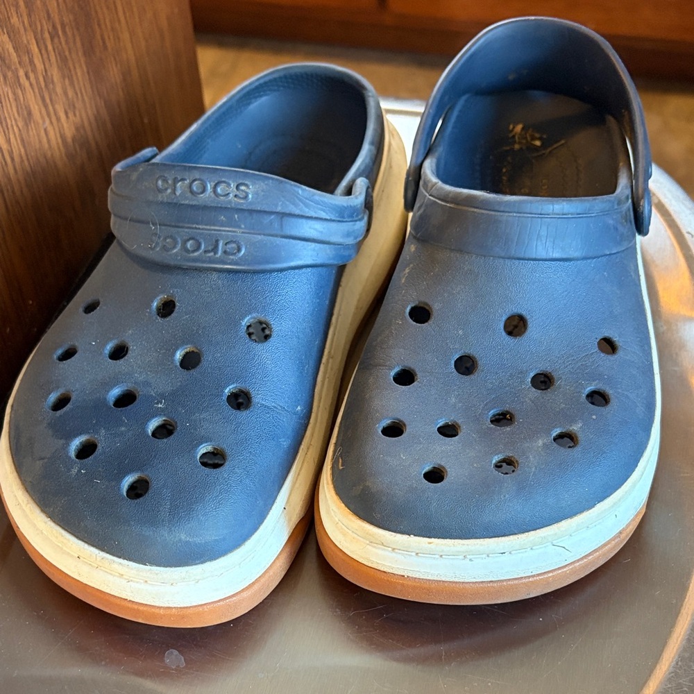 CROCS Dark Blue Clogs with White and Brown Sole